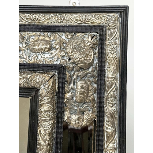 262 - DUTCH WALL MIRROR, 19th century carved ebony and repoussé silver  metal mounted, bevelled mirror wit... 