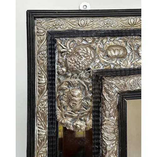 262 - DUTCH WALL MIRROR, 19th century carved ebony and repoussé silver  metal mounted, bevelled mirror wit... 