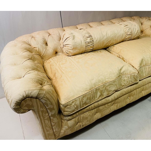 270 - CHESTERFIELD TWO SEATER SOFA, early 20th Century, yellow damask floral patterned upholstery, deep bu... 