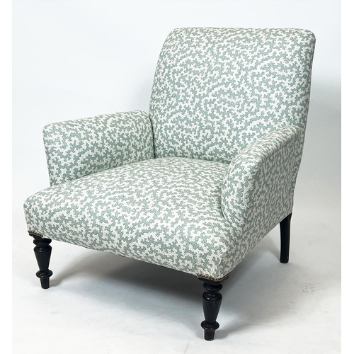 325 - BERGERE, 79cm H x 76cm, Napoleon III manner ebonised in Ian Sanderson patterned fabric.