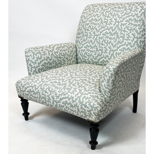 325 - BERGERE, 79cm H x 76cm, Napoleon III manner ebonised in Ian Sanderson patterned fabric.