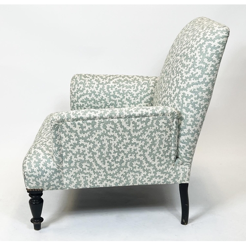 325 - BERGERE, 79cm H x 76cm, Napoleon III manner ebonised in Ian Sanderson patterned fabric.