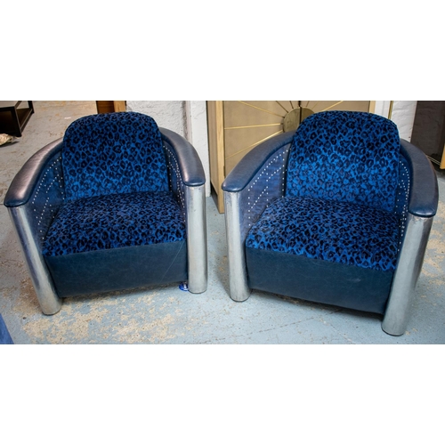 326 - AVIATOR STYLE ARMCHAIRS, a pair, aluminium with blue and black chenille and blue leather upholstery.... 