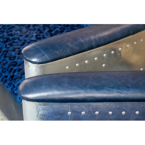 326 - AVIATOR STYLE ARMCHAIRS, a pair, aluminium with blue and black chenille and blue leather upholstery.... 