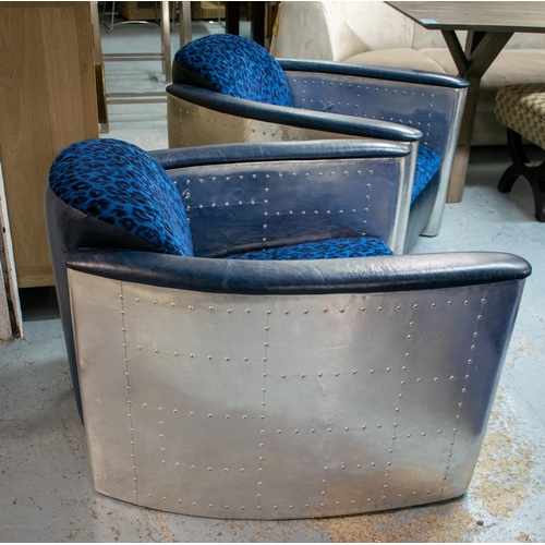 326 - AVIATOR STYLE ARMCHAIRS, a pair, aluminium with blue and black chenille and blue leather upholstery.... 