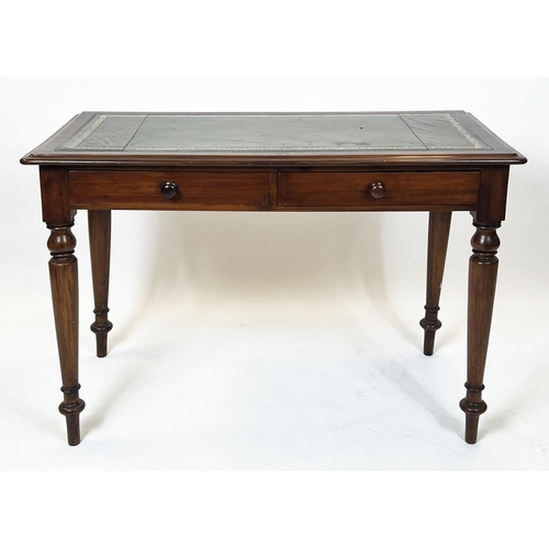 339 - WRITING TABLE, 74cm H x 104cm x 52cm, Victorian mahogany with green leather top above two drawers.