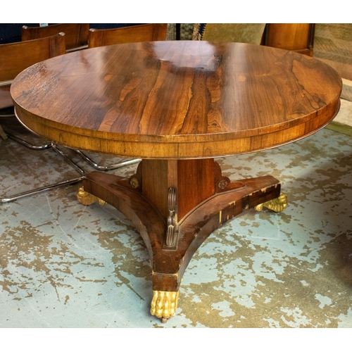 340 - BREAKFAST TABLE, Regency rosewood, parcel gilt and brass mounted with circular top, paw feet and cas... 