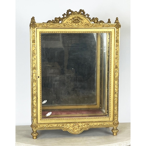 356 - TABLE TOP VITRINE, 66cm H x 46cm x 19cm, 19th century Italian giltwood with glazed door.