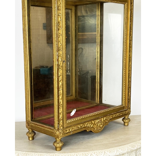 356 - TABLE TOP VITRINE, 66cm H x 46cm x 19cm, 19th century Italian giltwood with glazed door.