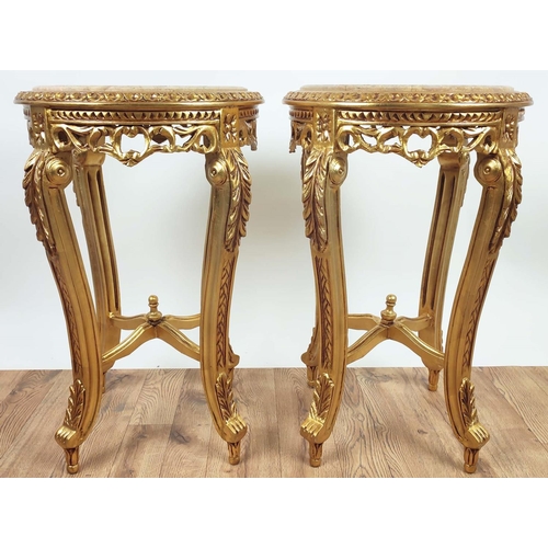 363 - SIDE TABLES, 72cm H x 45cm, a pair, giltwood, with circular marble tops. (2)