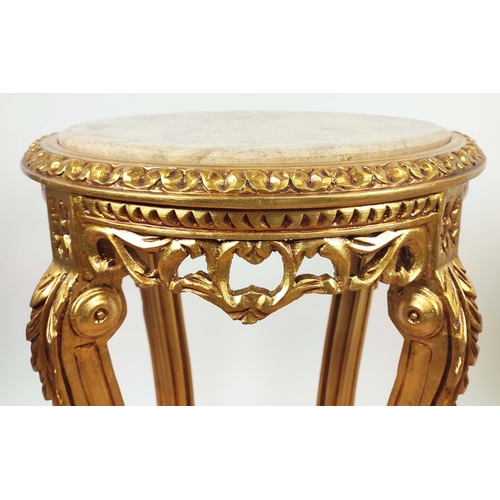 363 - SIDE TABLES, 72cm H x 45cm, a pair, giltwood, with circular marble tops. (2)