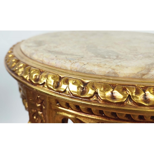 363 - SIDE TABLES, 72cm H x 45cm, a pair, giltwood, with circular marble tops. (2)