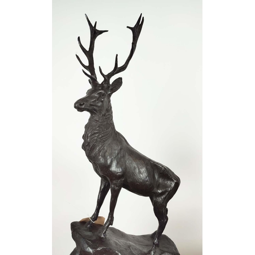 364 - AFTER J MOLGNIES, a pair of stags, cast metal, stone bases, 75cm H. (2)