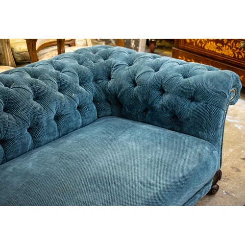 380 - CHESTERFIELD SOFA, 56cm H x 214cm x 90cm, Victorian, of low height in buttoned blue chenille.