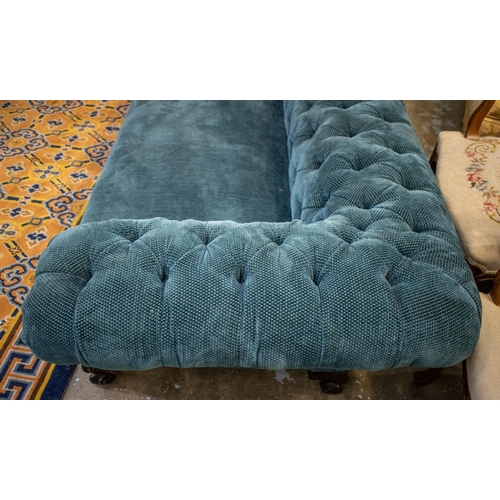 380 - CHESTERFIELD SOFA, 56cm H x 214cm x 90cm, Victorian, of low height in buttoned blue chenille.