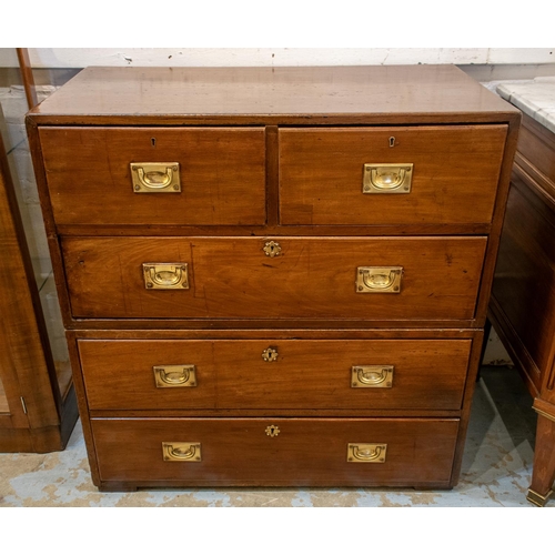 384 - CAMPAIGN CHEST, 94cm H x 92cm x 50cm, Victorian mahogany in two parts with five drawers.