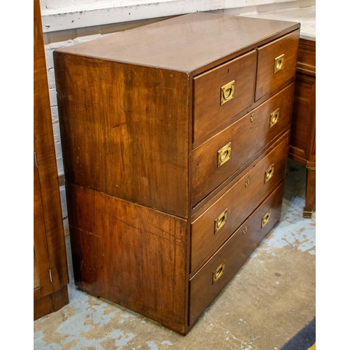 384 - CAMPAIGN CHEST, 94cm H x 92cm x 50cm, Victorian mahogany in two parts with five drawers.