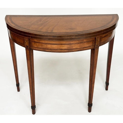 391 - GEORGE III SATINWOOD CARD TABLE, demilune rosewood crossbanded with paterae headed square tapering s... 