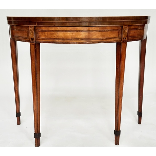 391 - GEORGE III SATINWOOD CARD TABLE, demilune rosewood crossbanded with paterae headed square tapering s... 