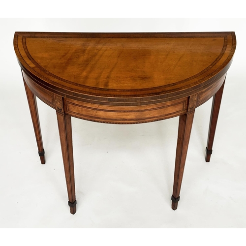 391 - GEORGE III SATINWOOD CARD TABLE, demilune rosewood crossbanded with paterae headed square tapering s... 