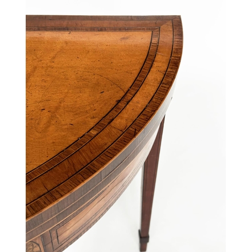 391 - GEORGE III SATINWOOD CARD TABLE, demilune rosewood crossbanded with paterae headed square tapering s... 