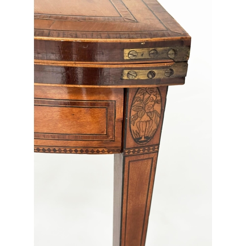 391 - GEORGE III SATINWOOD CARD TABLE, demilune rosewood crossbanded with paterae headed square tapering s... 