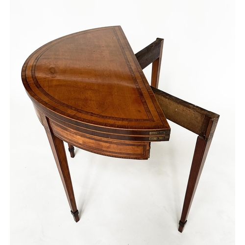 391 - GEORGE III SATINWOOD CARD TABLE, demilune rosewood crossbanded with paterae headed square tapering s... 