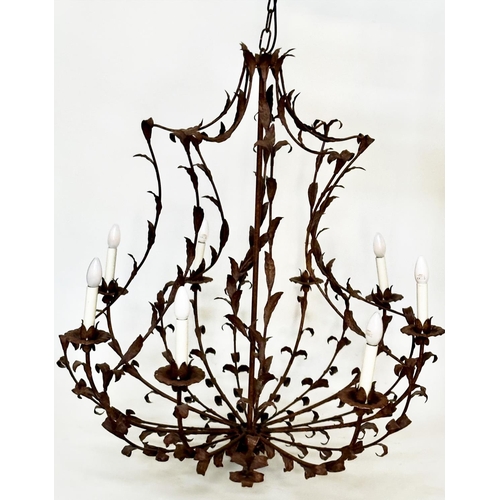 394 - CHANDELIER, wrought iron, ten arm of trailing leaf design, 110cm x 110cm.