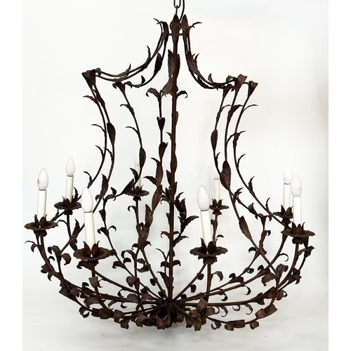 394 - CHANDELIER, wrought iron, ten arm of trailing leaf design, 110cm x 110cm.