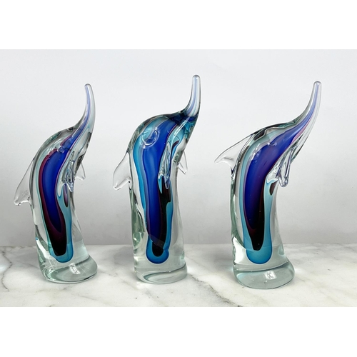 4 - MURANO GLASS DOLPHINS, a pod of five, mid-century Italian hand blown glass, each 30cm H approx. (5)