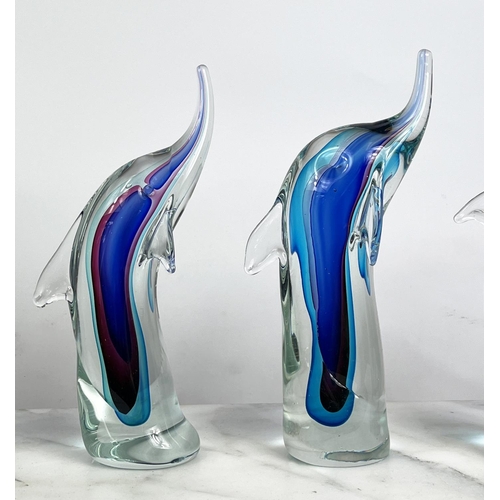 4 - MURANO GLASS DOLPHINS, a pod of five, mid-century Italian hand blown glass, each 30cm H approx. (5)