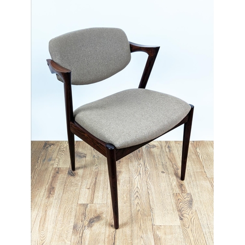 416 - ATTRIBUTED TO KAI KRISTIANSEN MODEL 42 CHAIRS, a set of four, vintage 20th century, later upholstery... 