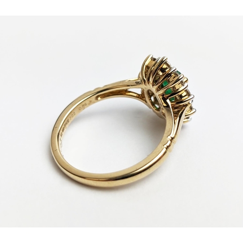 46 - A 9CT GOLD EMERALD AND DIAMOND RING, the central emerald of 0.85 carats surrounded by round brillian... 