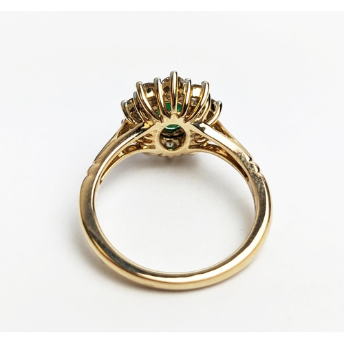 46 - A 9CT GOLD EMERALD AND DIAMOND RING, the central emerald of 0.85 carats surrounded by round brillian... 