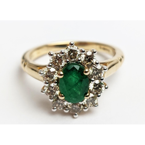 46 - A 9CT GOLD EMERALD AND DIAMOND RING, the central emerald of 0.85 carats surrounded by round brillian... 