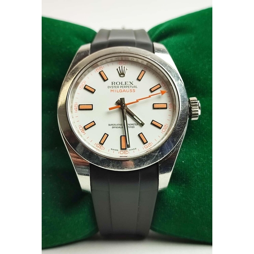 5 - A ROLEX OYSTER PERPETUAL 'MILGAUSS' GENTS WRISTWATCH, white face, stainless-steel case, rubber strap... 