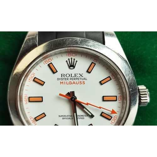 5 - A ROLEX OYSTER PERPETUAL 'MILGAUSS' GENTS WRISTWATCH, white face, stainless-steel case, rubber strap... 