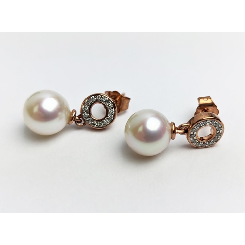 50 - A PAIR OF 9CT GOLD CULTURED PEARL AND DIAMOND DROP EARRINGS, the pearls of 8mm diameter, complete wi... 