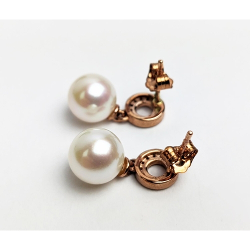 50 - A PAIR OF 9CT GOLD CULTURED PEARL AND DIAMOND DROP EARRINGS, the pearls of 8mm diameter, complete wi... 