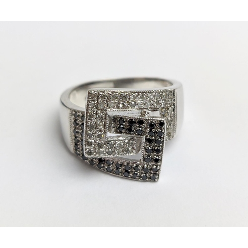 52 - A 9CT WHITE GOLD DIAMOND RING, SET WITH BLACK AND WHITE DIAMONDS, mid century style, total diamond w... 