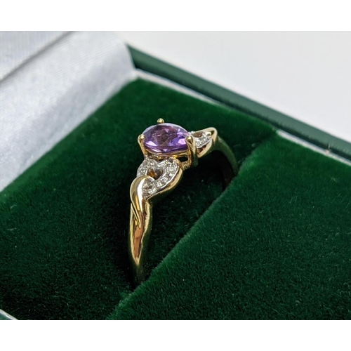 60 - A 9CT YELLOW GOLD AMETHYST AND DIAMOND DRESS RING, the pear cut amethyst stone of 0.45 carats, diamo... 