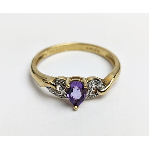 60 - A 9CT YELLOW GOLD AMETHYST AND DIAMOND DRESS RING, the pear cut amethyst stone of 0.45 carats, diamo... 