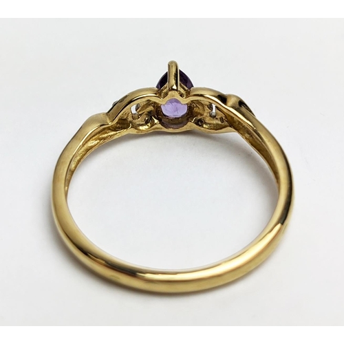 60 - A 9CT YELLOW GOLD AMETHYST AND DIAMOND DRESS RING, the pear cut amethyst stone of 0.45 carats, diamo... 