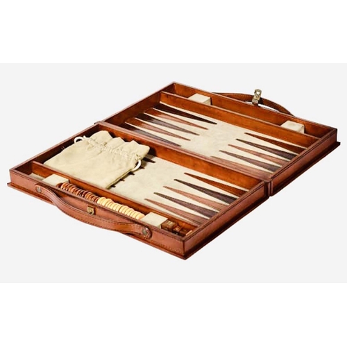 617 - BACKGAMMON SET, in leathered case, 7cm x 23cm x 40cm.