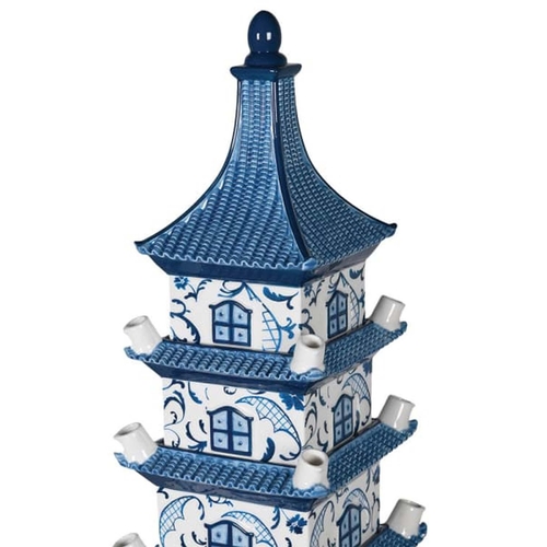 618 - DELFTWARE STYLE PAGODA TULIP VASE, 90cm high, 20cm wide.