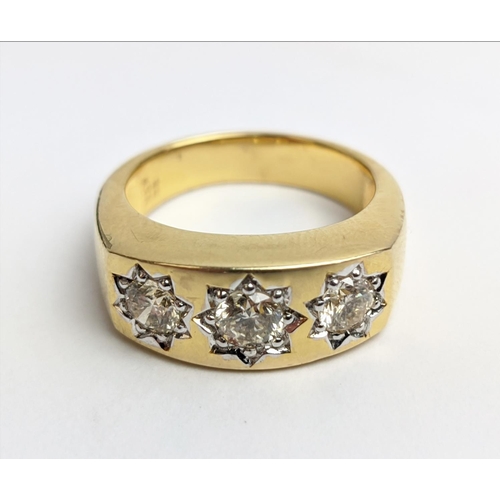 69 - A 9CT YELLOW GOLD GENTS THREE STONE DIAMOND RING, each in a star setting, total diamond weight of 1.... 