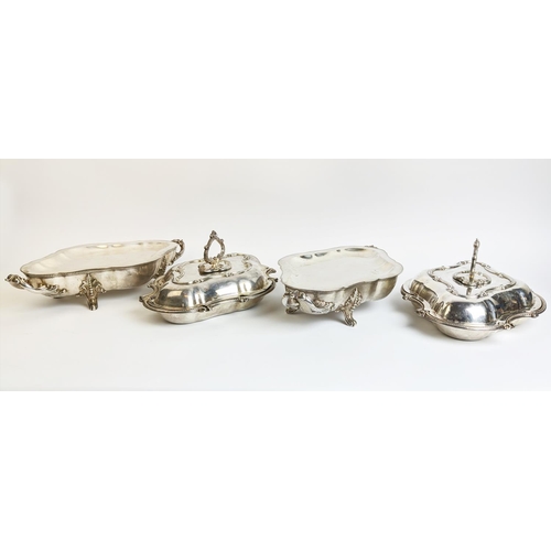 70 - A PAIR OF SILVER PLATED TUREENS AND COVERS, in the Rococo style, plus a pair of warming dishes and t... 