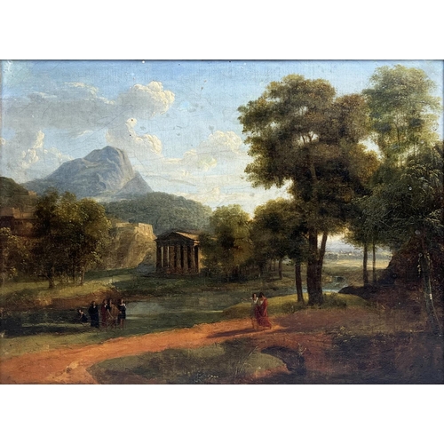 73 - MANNER OF CLAUDE LORRAINE (French 1600-1682), 'Landscape with temple and figures', oil on canvas, 24... 