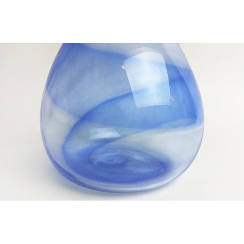 17 - A MURANO TALL BLUE GLASS VASE, of baluster form with an elongated neck, with varying shades of blue ... 