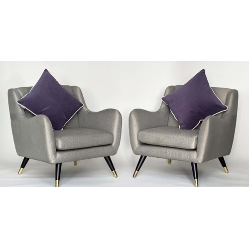 671 - HOOPER ARMCHAIRS, a pair, 1960s style with silver grey upholstery and outswept brass capped, togethe... 